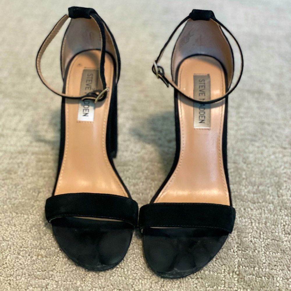 Steve Madden heels. Black with ankle strap and block heel.
